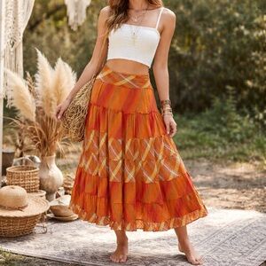 Chaudry Sports XS Orange Plaid Cottagecore Tiered Midi Boho Cotton Skirt Size XS